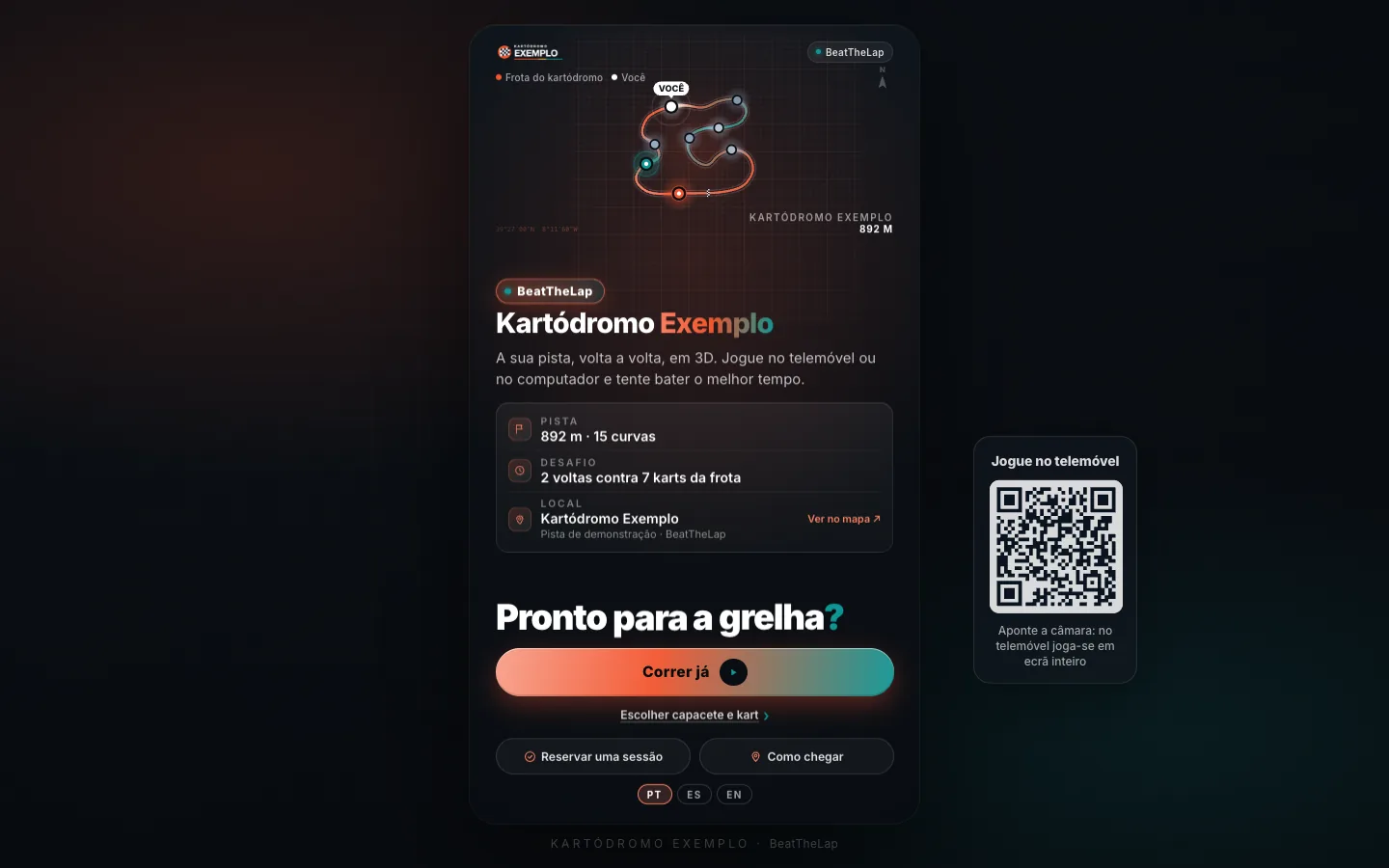 The game's start screen with the track map and a QR code to play on a phone