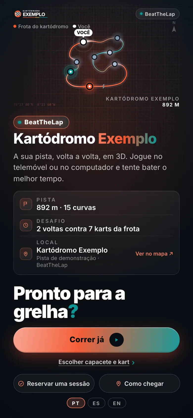 Start screen on a phone with the track's brand and the button to book a session